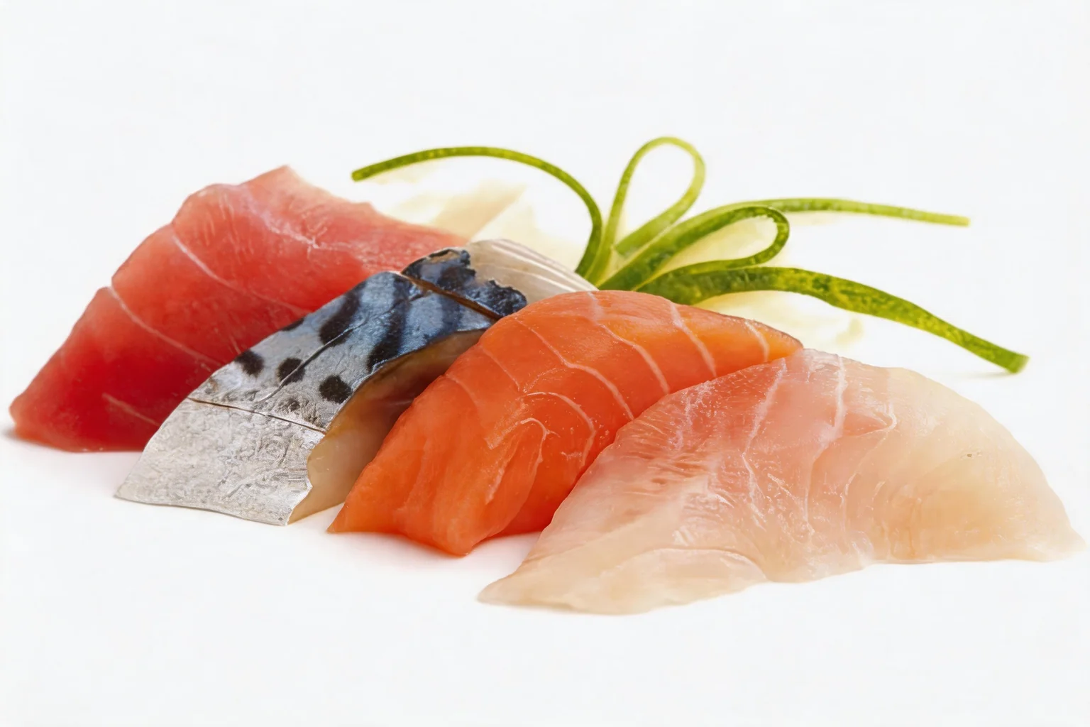 Sashimi assortis de saumon, thon, maquereau et poisson blanc, posés en éventail sur fond blanc avec un brin de concombre