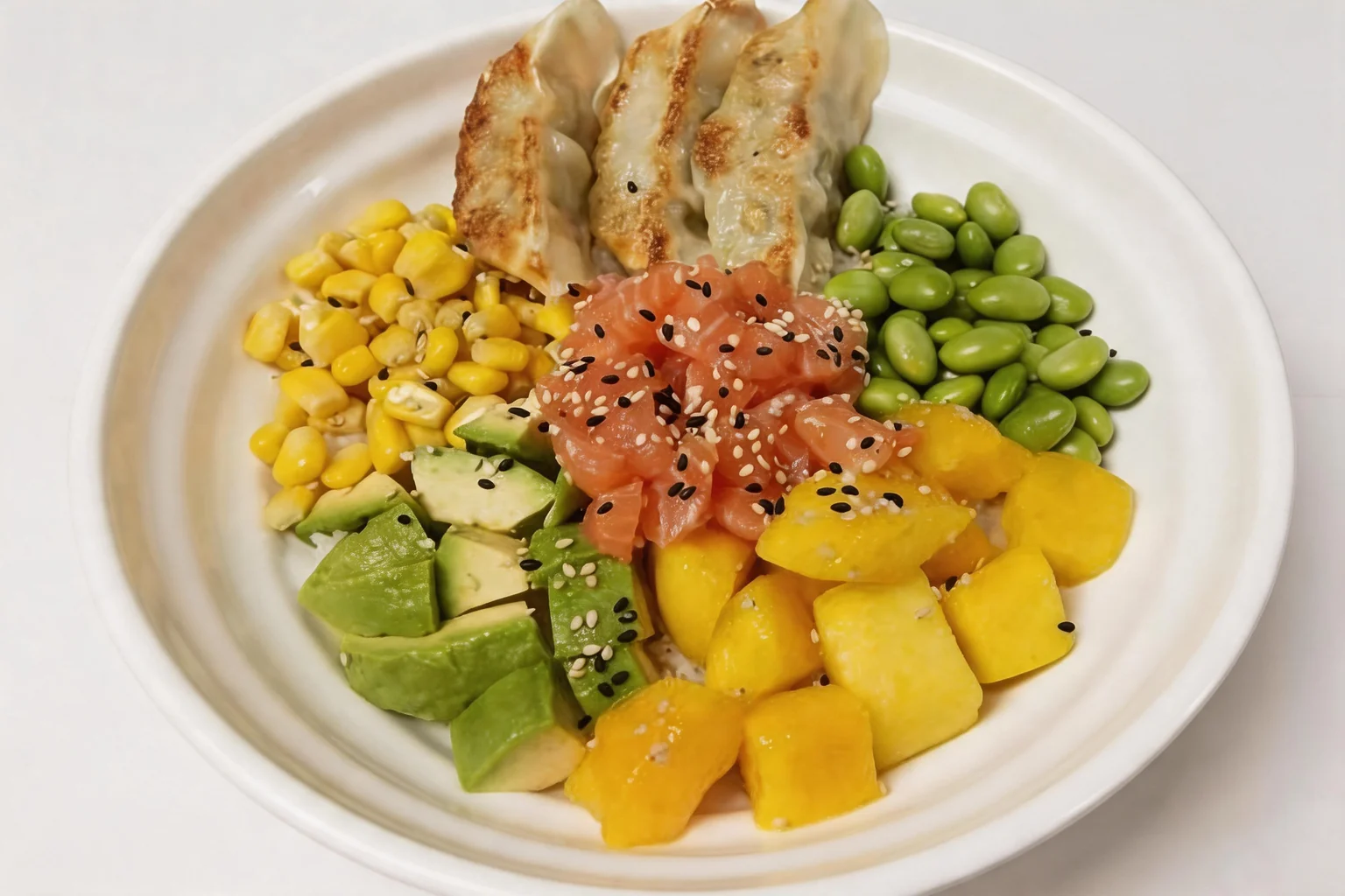 Bol composé de saumon cru, gyoza, avocat, edamame, mangue et maïs, dans un bol blanc sur fond clair