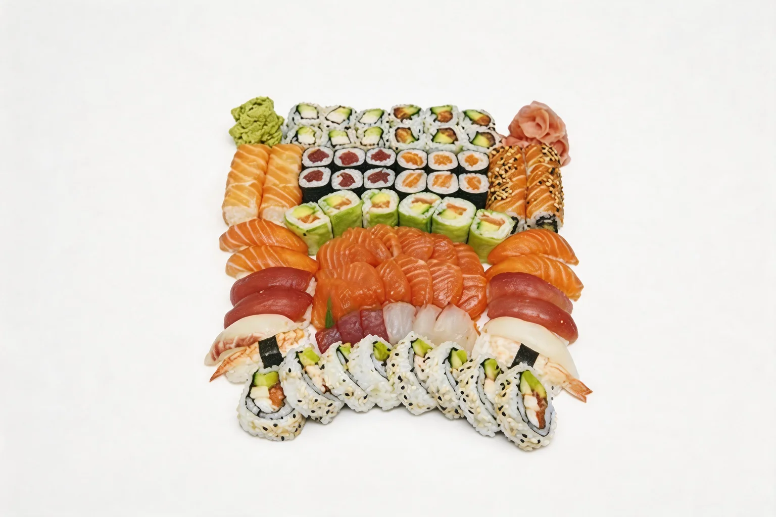 Grand plateau carré avec makis, sushis et sashimis assortis, wasabi et gingembre, sur fond blanc