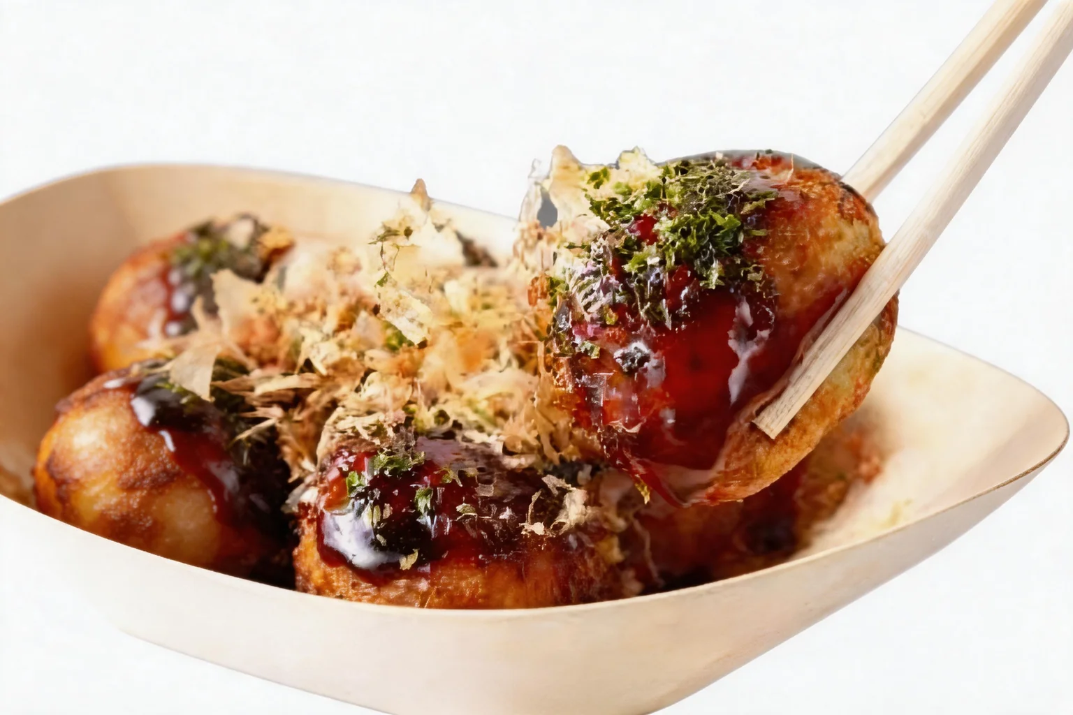 Takoyaki nappé de sauce et de bonite séchée dans une barquette, avec des baguettes