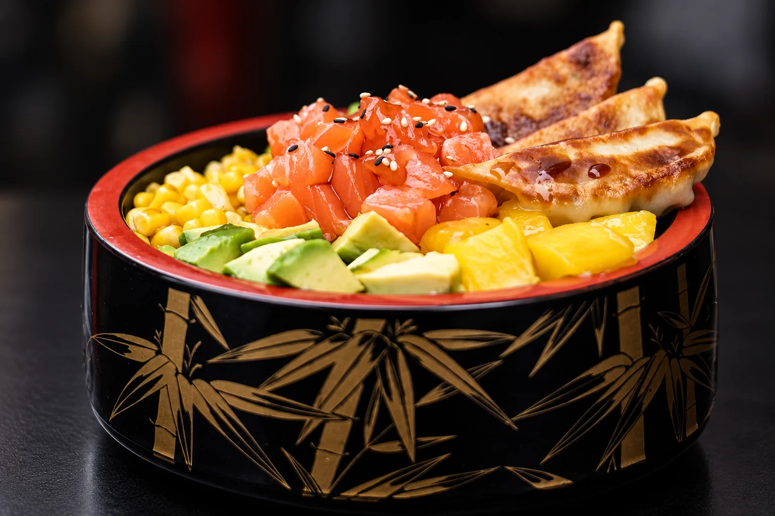 Poke bowl au saumon et raviolis grillés dans un bol laqué